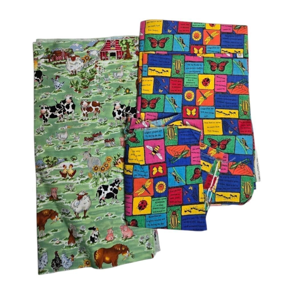 VINTAGE 90s bug butterfly cow animal farm print‎ fabric 4 pieces
